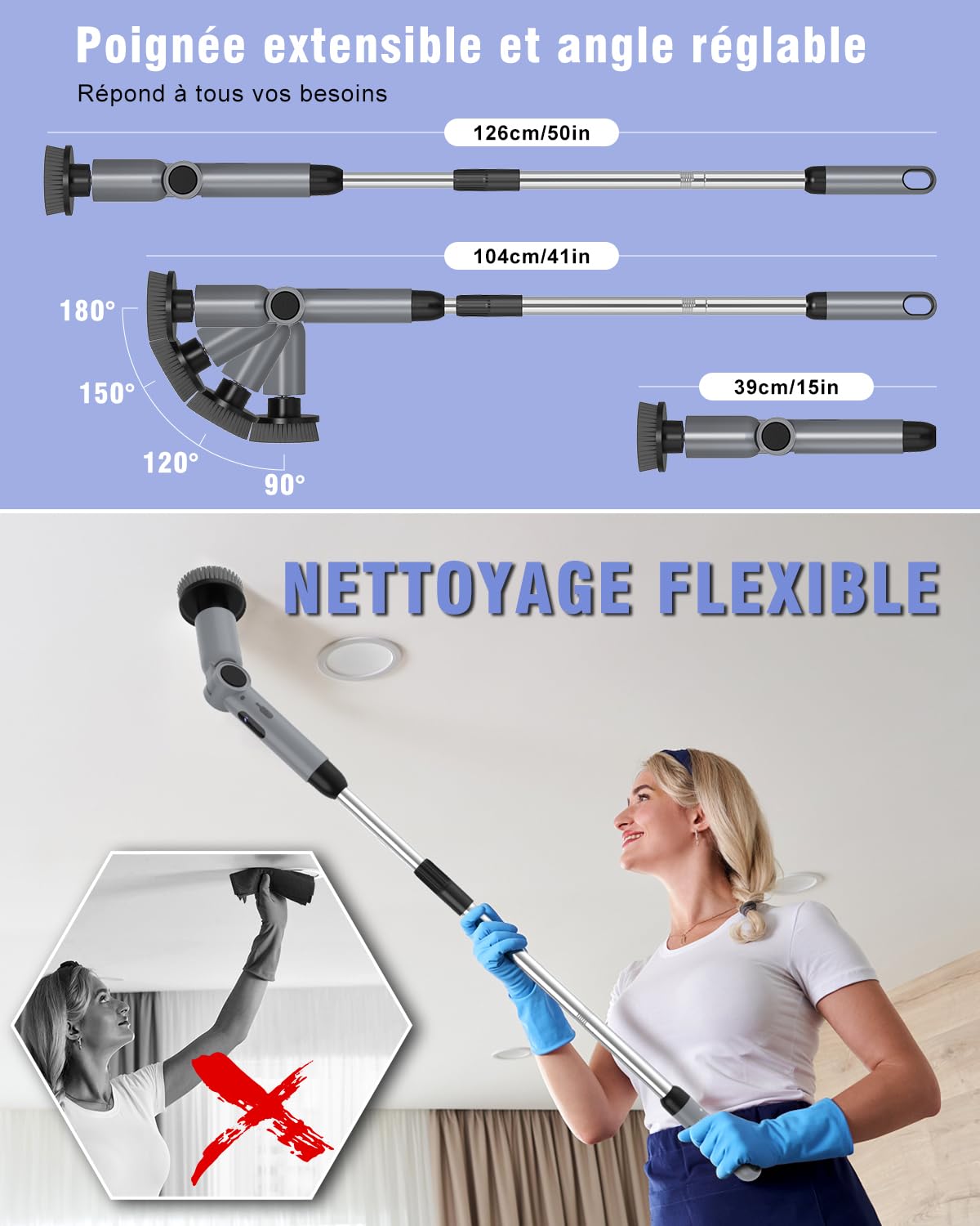 Brosse Nettoyage Electrique, [IPX8 Imperméable] Homtronics Brosse Rotative Nettoyage,Conception Pliant, avec Tige TéLescopique et 8 TêTes de Accessoires pour Salle De Bain,Voiture,Fenêtre,Douche