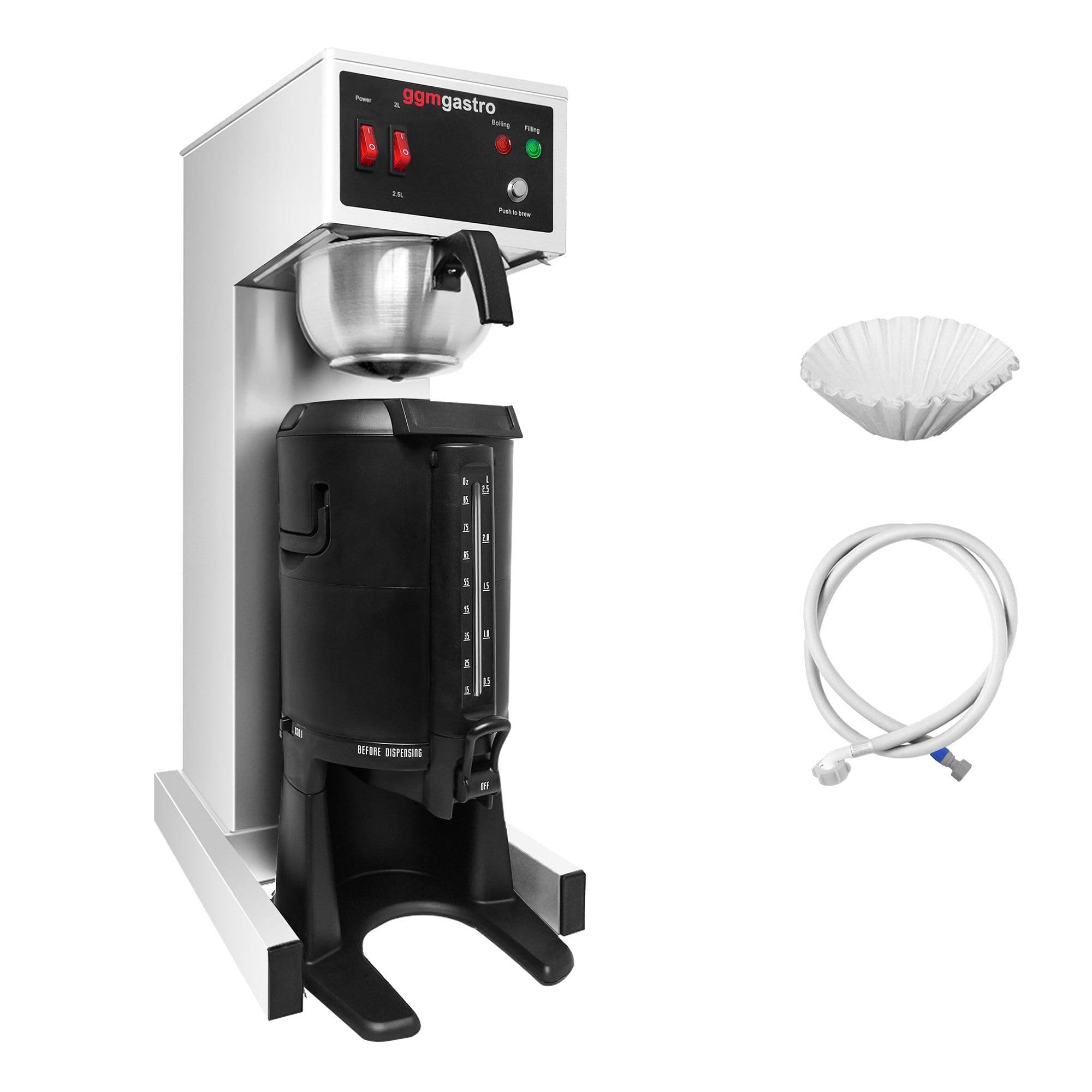 GGM Gastro Filterkaffeemaschine 2,5 L mit Wasseranschluss | Automatischer Festwasseranschluss, hohe Stundenleistung für Gastronomie, Edelstahlgehäuse, zeiteffiziente Reinigung