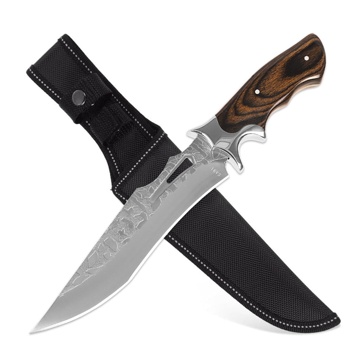 GER-SABER Outdoormesser 31cm – Drop-Point Klinge Varianten mit Hammerschlag & Damast-Optik, Verzierter Handschutz, Holzgriff mit Inlay, Robuster Outdoor-Begleiter