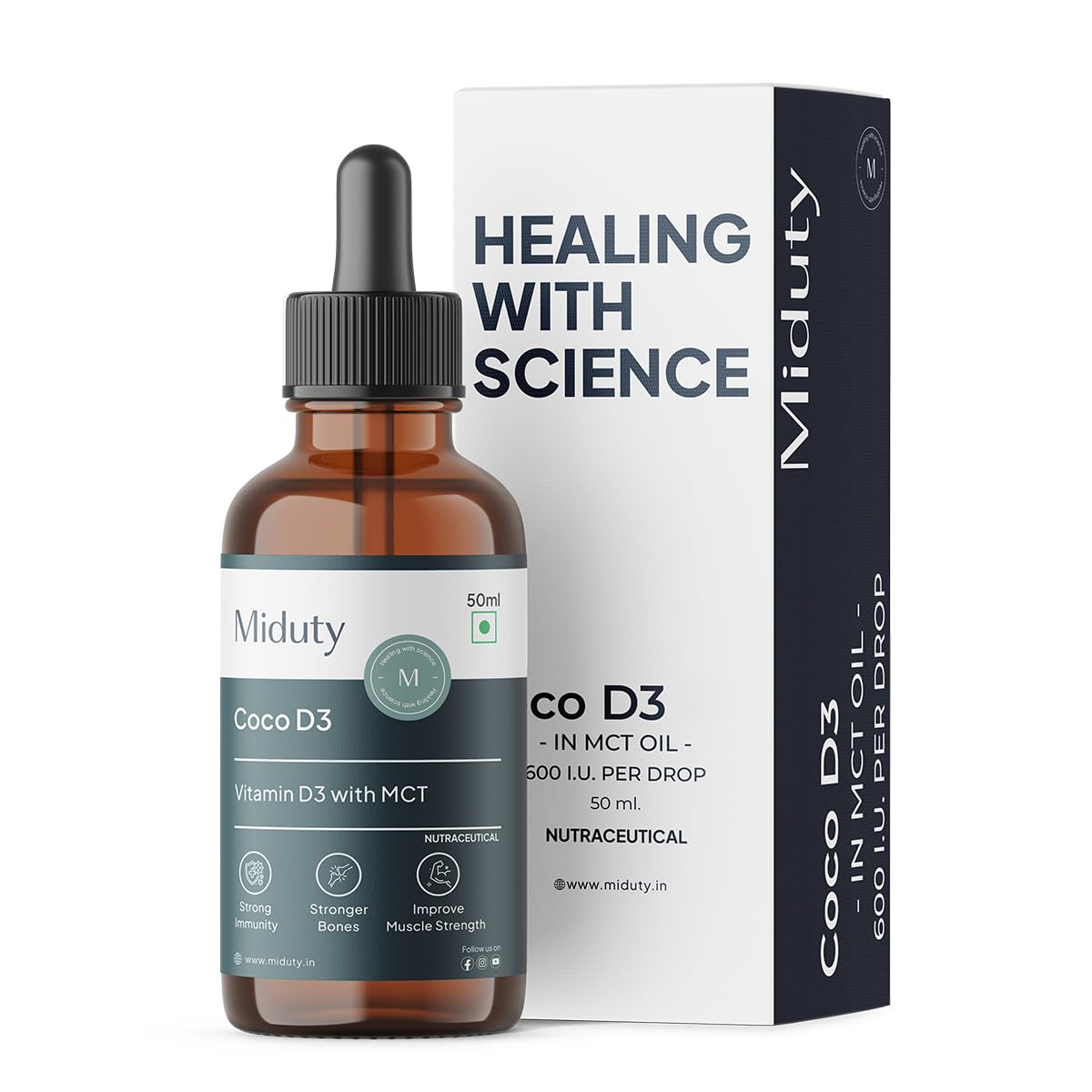 Miduty Coco Vitamin D3 Oral Solution 600 IU | Cholecalciferol Drops with MK-7 | Supports Strong Bones, Muscles, Joints & Immunity | Enhances Calcium Absorption | 50 ml