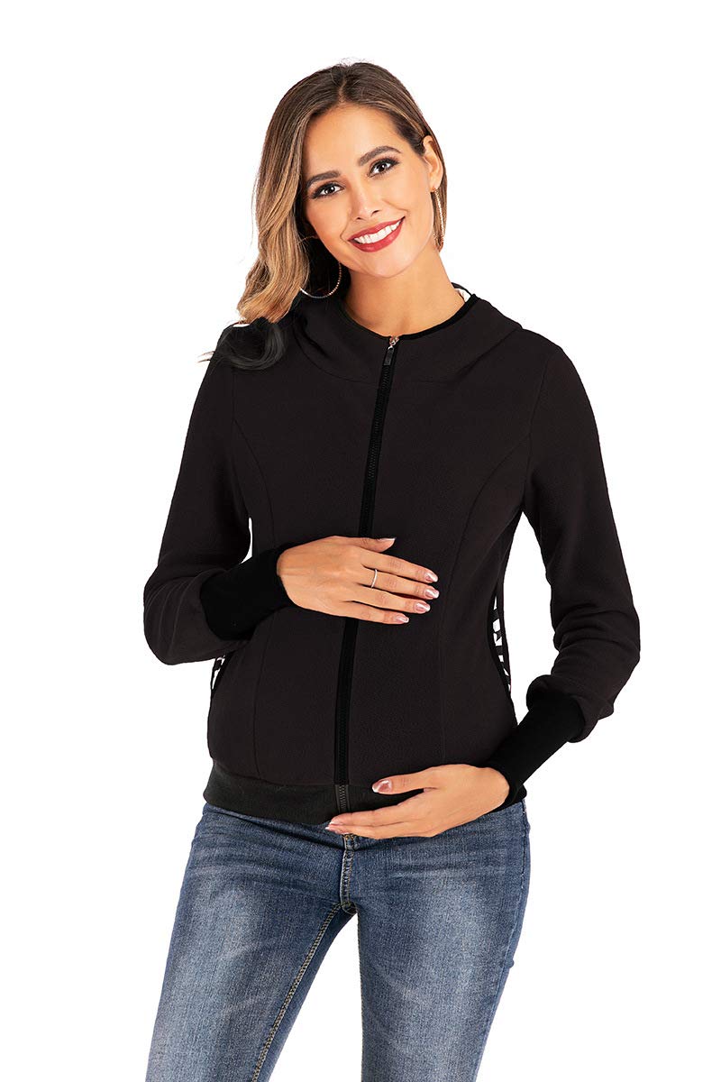 Veste De Transport pour Maman Et Bébé 3 en 1 Polaire Veste Kangourou Softshell Maternité Blouson À Capuchon Femme Maternité Warm Porter des Chandails avec Insert Bébé (Noir,L)