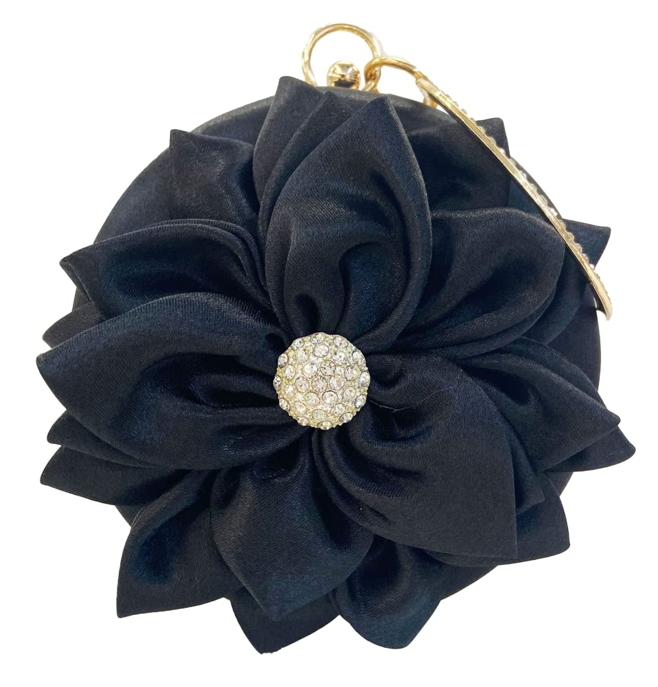 Obosoyo Women Flower Shaped Rhinestone Clutch Soft Satin Wristlet Handbag Round Purse Wedding Party Purse Clutch Evening Bag