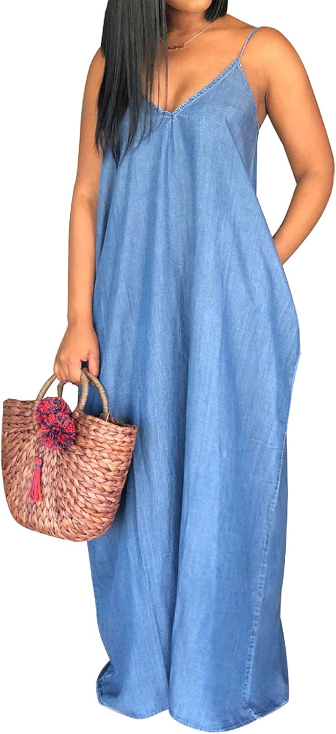 SeNight Women's Sexy Maxi Denim Dresses Casual Spaghetti Strap Striped Long Sundress Wiht Pockets