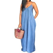 SeNight Womens Sexy Maxi Denim Dresses Casual Spaghetti Strap Striped Long Sundress Wiht Pockets