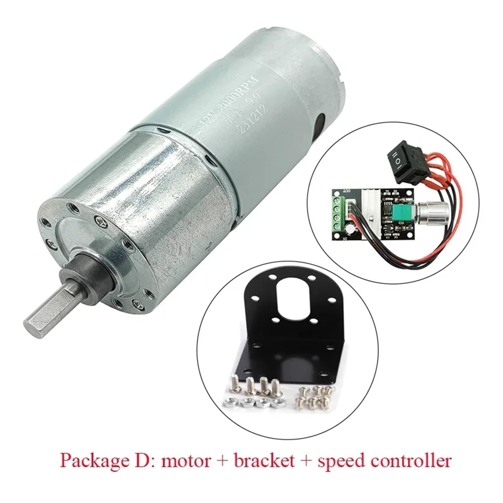 Hochleistungs-Getriebemotor 37GB-555 12V/24V 555 Gleichstrommotor 9 U/min bis 1280 U/min, langsame Drehzahlregelung, 37 mm Bürstengetriebemotor(12V 20RPM,Package B)