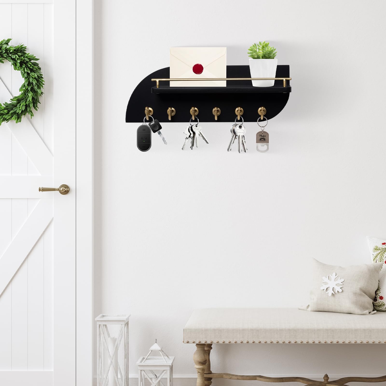 Karisky Key Holder for Wall Wood Wall Mounted Key Rack with 6 Sturdy Metal Hooks for Bags Coats, Umbrella - Image 2