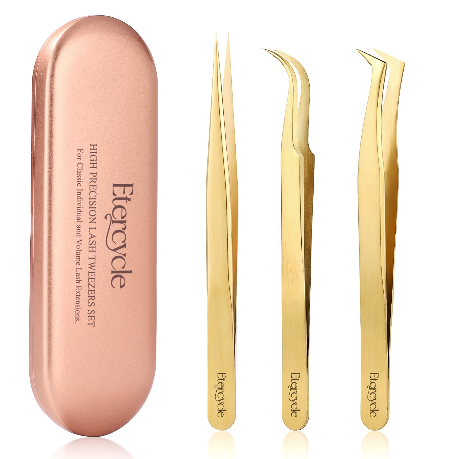 Etercycle High Precision Lash Tweezers Set - Includes 3 Stainless Steel Eyelash Tweezers for Classic Individual and Volume Lash Extensions. Complete with Storage Box