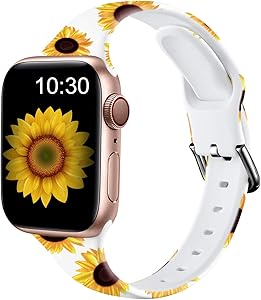 Nofeda Bands Compatible with Apple Watch Band 42mm 44mm iWatch Series 6 5 4 3 2 1 & SE, Slim Silicone Printed Fadeless Replacement Strap Band for Women Men, White Sunflower