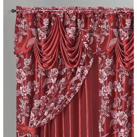 GOHD Roman Romance. Framhouse Burnt-Out Printed Organza Window Curtain Panel Drape with Attached Fancy Valance and Taffeta Backing (Wine, 55 x 84 inches + Attached Valance x 2pcs) Cover