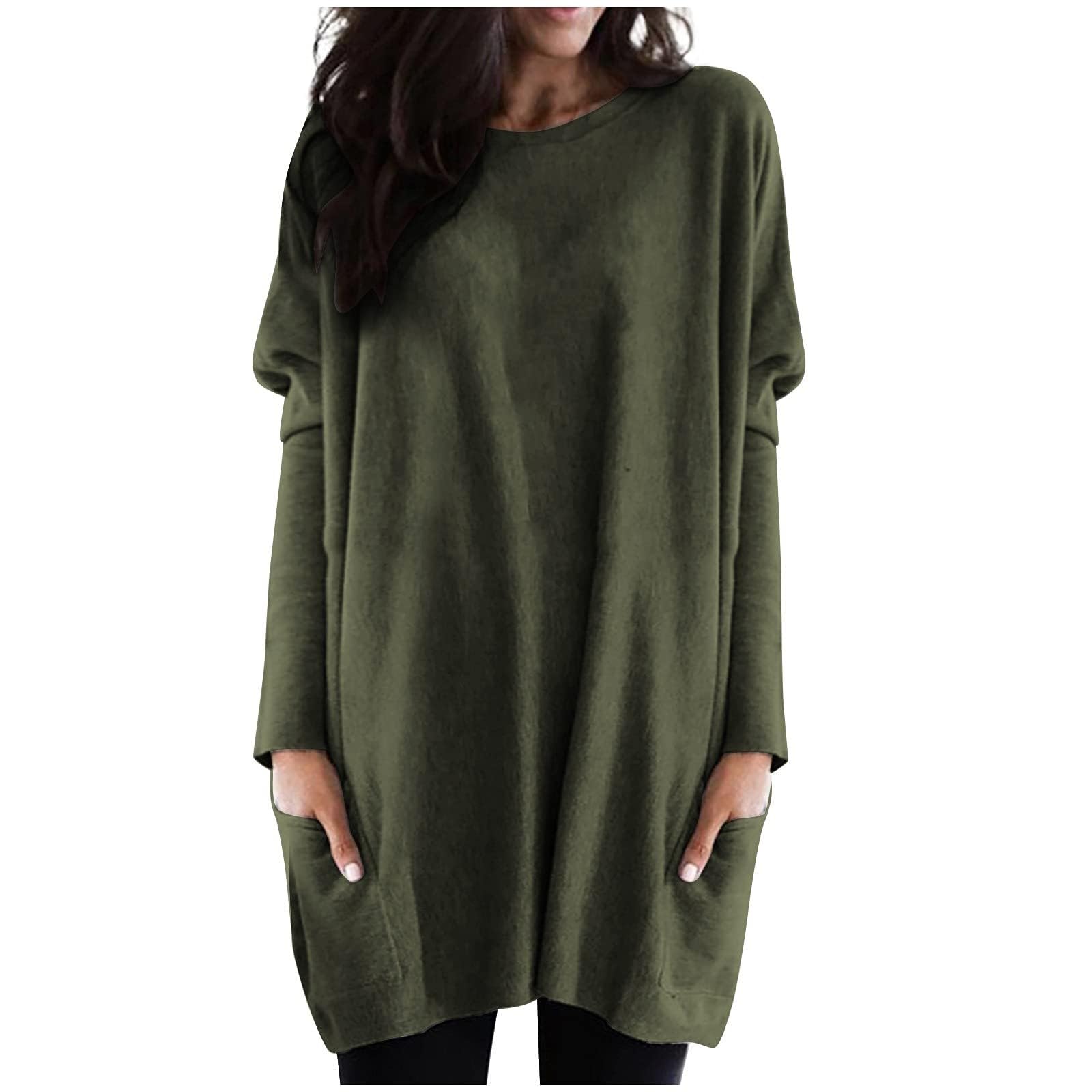 Womens Long Sleeve Tunic Tops for Leggings Fall Casual Long T Shirts with Pockets Dressy Loose Fit Oversized Cute Teacher Clothes Green