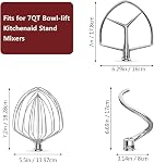 3 Pièces en acier inoxydable (7QT Crochet de douille,7QT Un fil de fer,7QT Pièce jointe pour batteur plat) pour KitchenAid Mélangeur de support de levage et 7 Quart Bowl, lave-vaisselle Sûre et lourd