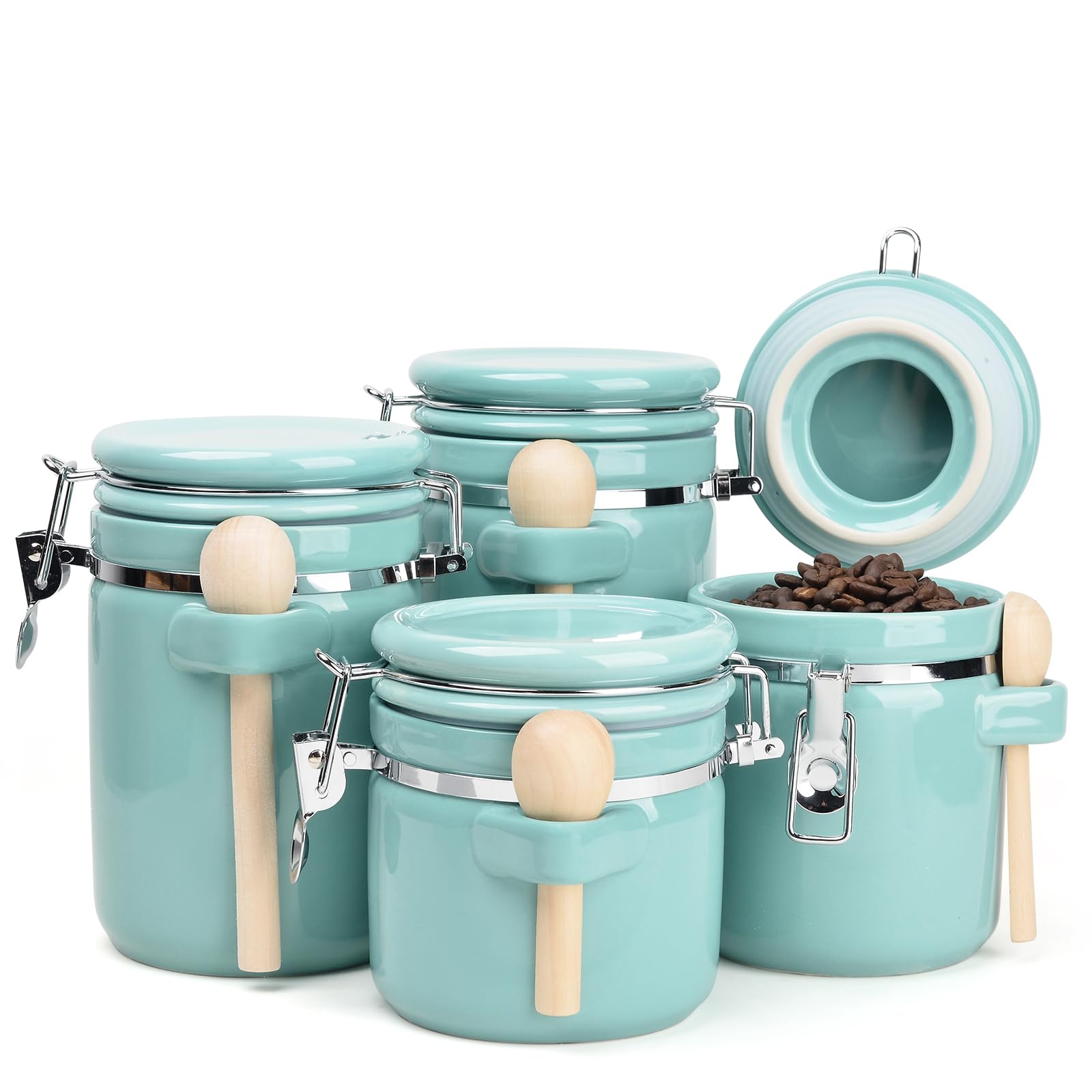 Juego de 4 botes de cerámica para cocina, recipientes herméticos con cucharas de madera, etiquetas de tiza reutilizables y marcador para azúcar, café, harina, té, turquesa