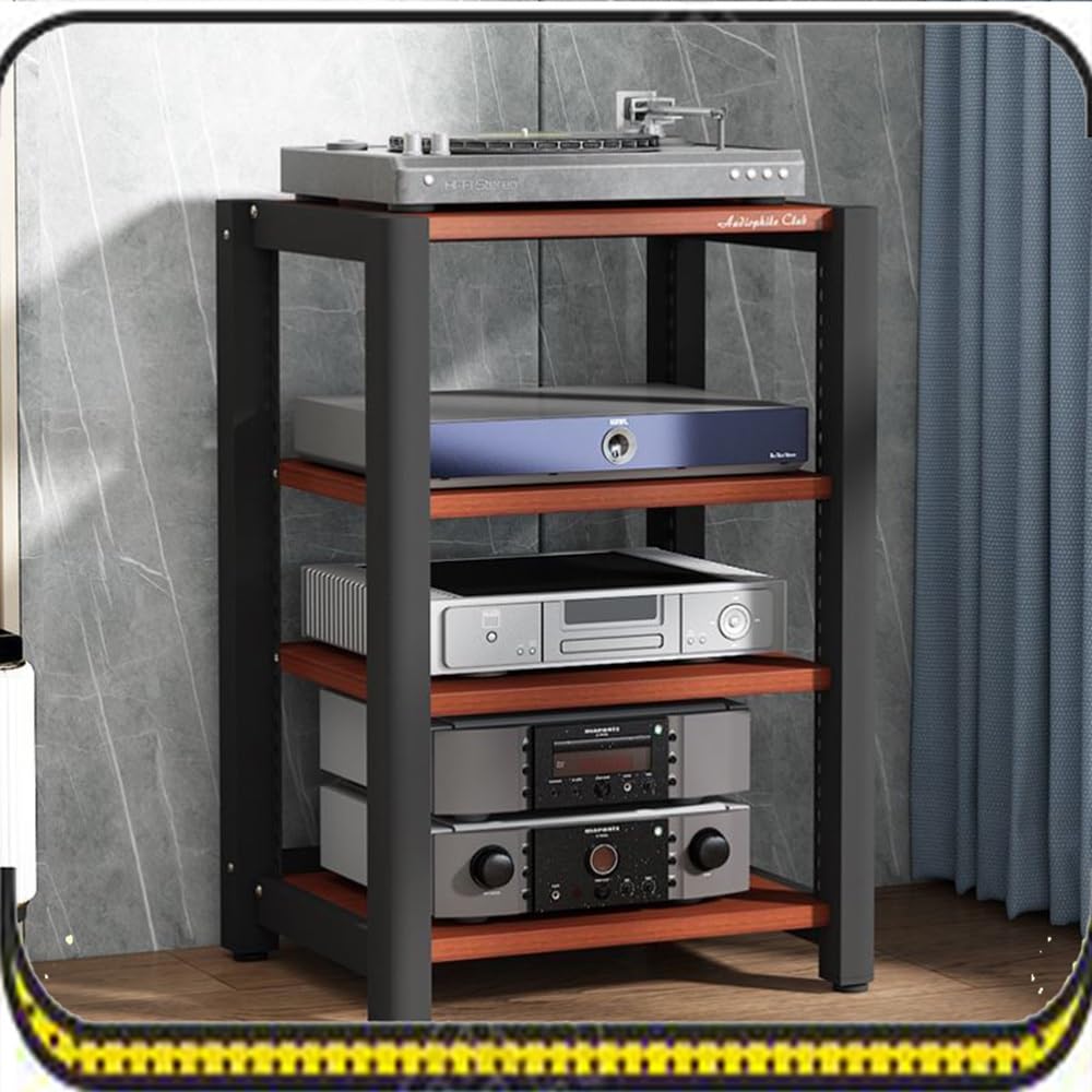 Scaffale in legno e acciaio, supporto multimediale regolabile, torre audio a 4 livelli, scaffale per lettore CD, armadio stereo da pavimento, design moderno in teak per home theater e sistemi audio