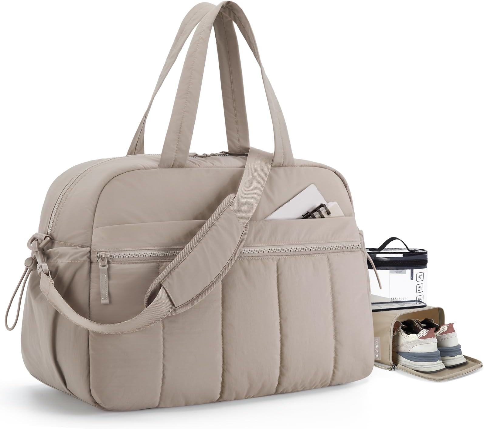 BAGSMART 旅行用ダッフルバッグ 軽量 キャリーオン ウィークエンダー ダッフル トイレタリーバッグ付き 防水 一晩旅行バッグ キャメル, キャメル-ラージ, シューズバッグとトイレタリーバッグ付き。