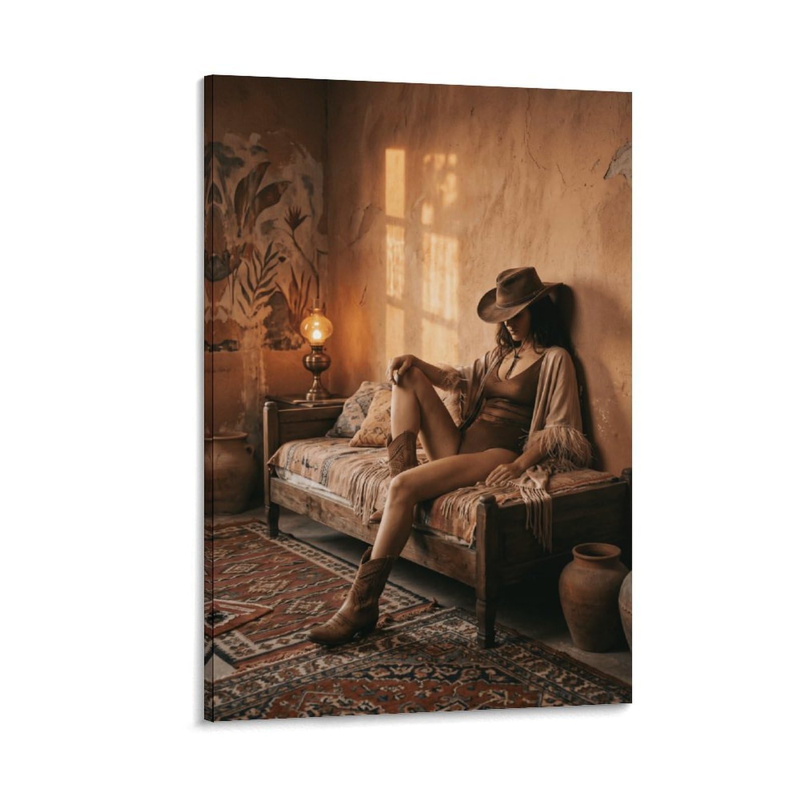 H3B8U2Y5 Boho Cowgirl Lounge Canvas Wall Art, Rustic Ranch Portrait