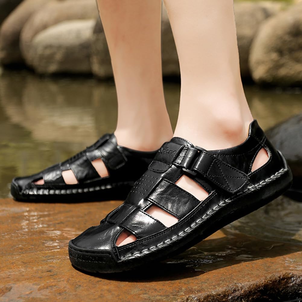 Sandali da uomo in pelle con punta chiusa, sandali ortopedici estivi traforati, traspiranti cuciti a mano, scarpe da pescatore per passeggiate, escursionismo, spiaggia