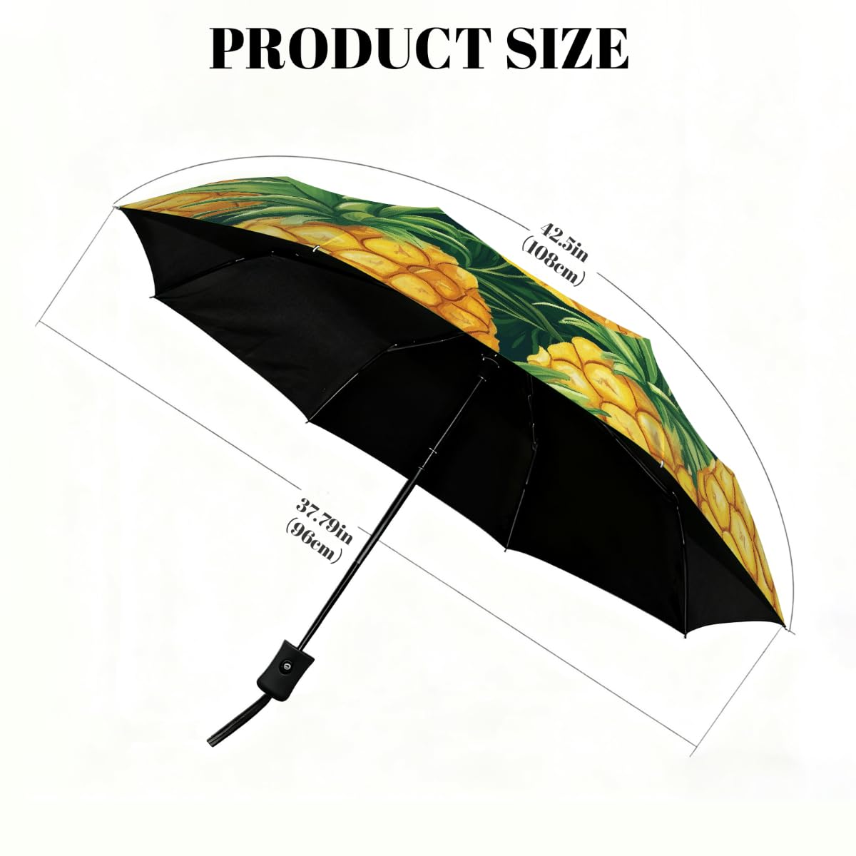 Ombrello pieghevole con motivo di ananas giallo, ombrello da viaggio, compatto, antivento, impermeabile, con protezione UV, rivestimento nero, leggero, 8 costine, portatile, per pioggia e sole
