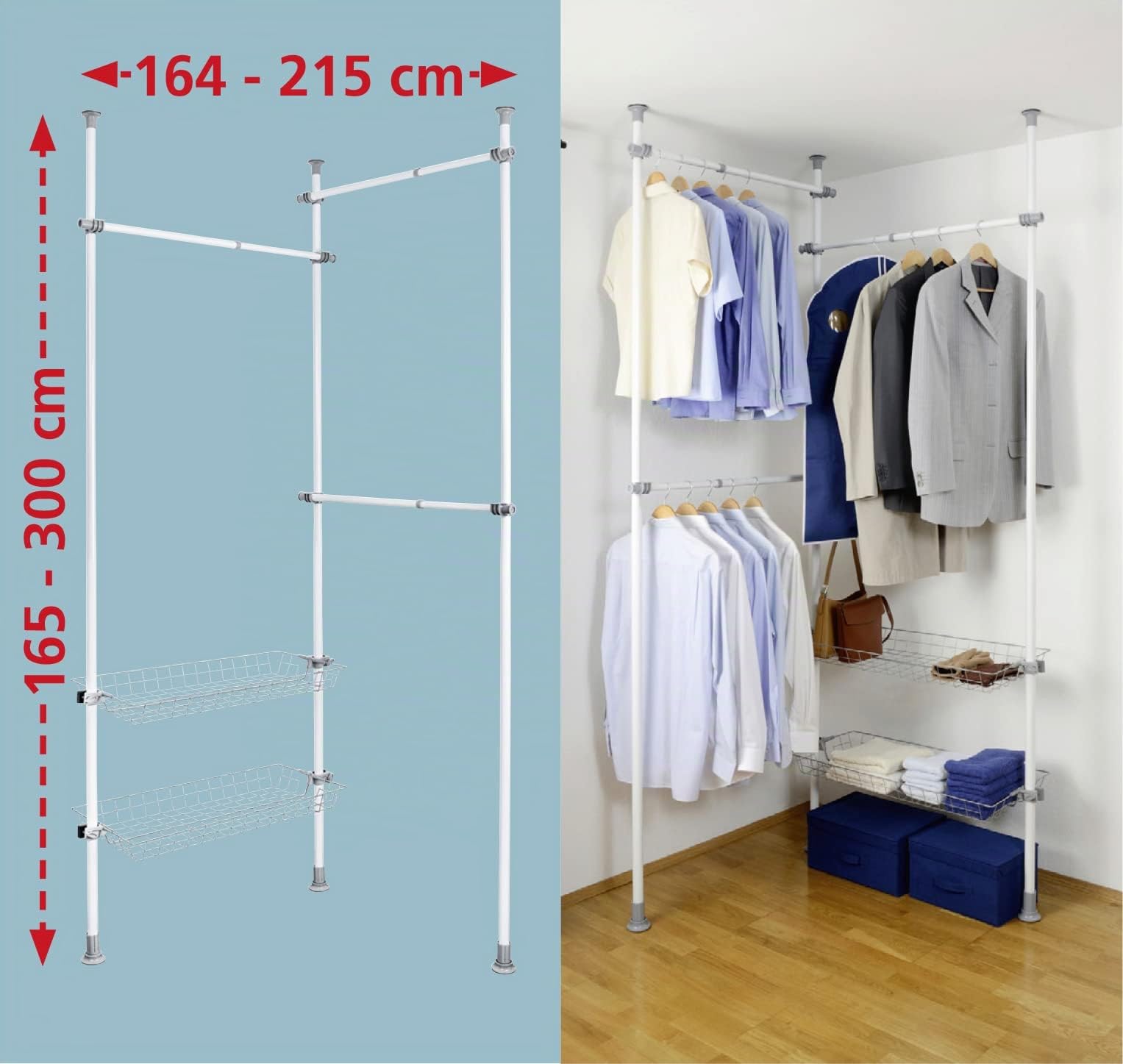 WENKO Portant vêtement téléscopique Dressing sur Mesure Herkules Duo| Garde Robe 3 tringles 2 paniers Solution sans perçage | Réglable Longueur et Hauteur | Acier| 164-215x165-300x38cm | Blanc