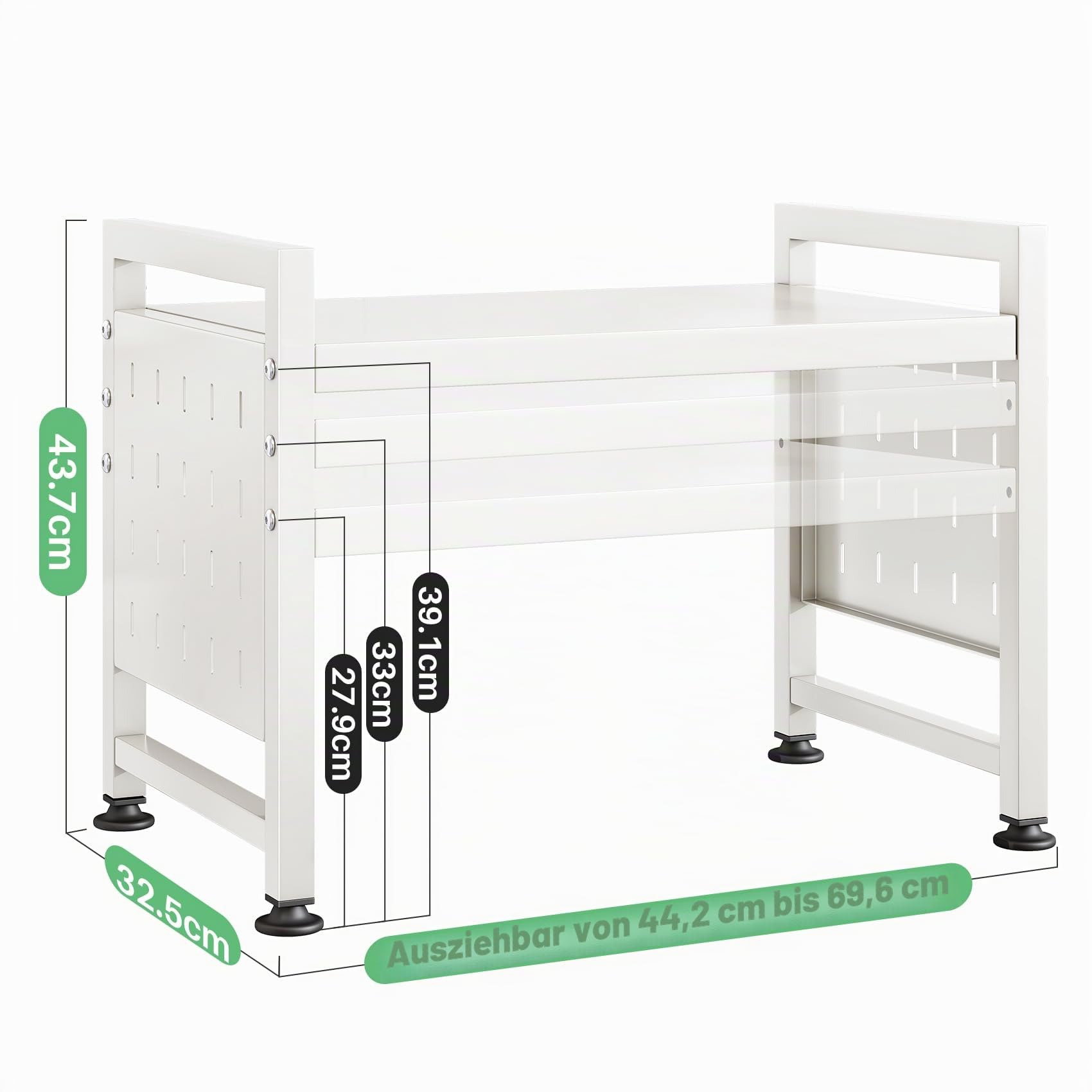 SAYZH Mikrowellen Regal, 2-stufiges Erweiterbares mikrowelle Regal Mikrowellenregal Organizer Küche mit 10 Haken, Flexibel Ausziehbar von 40-70cm, Stufiges Küchenregal mikrowellenständer, Weiß