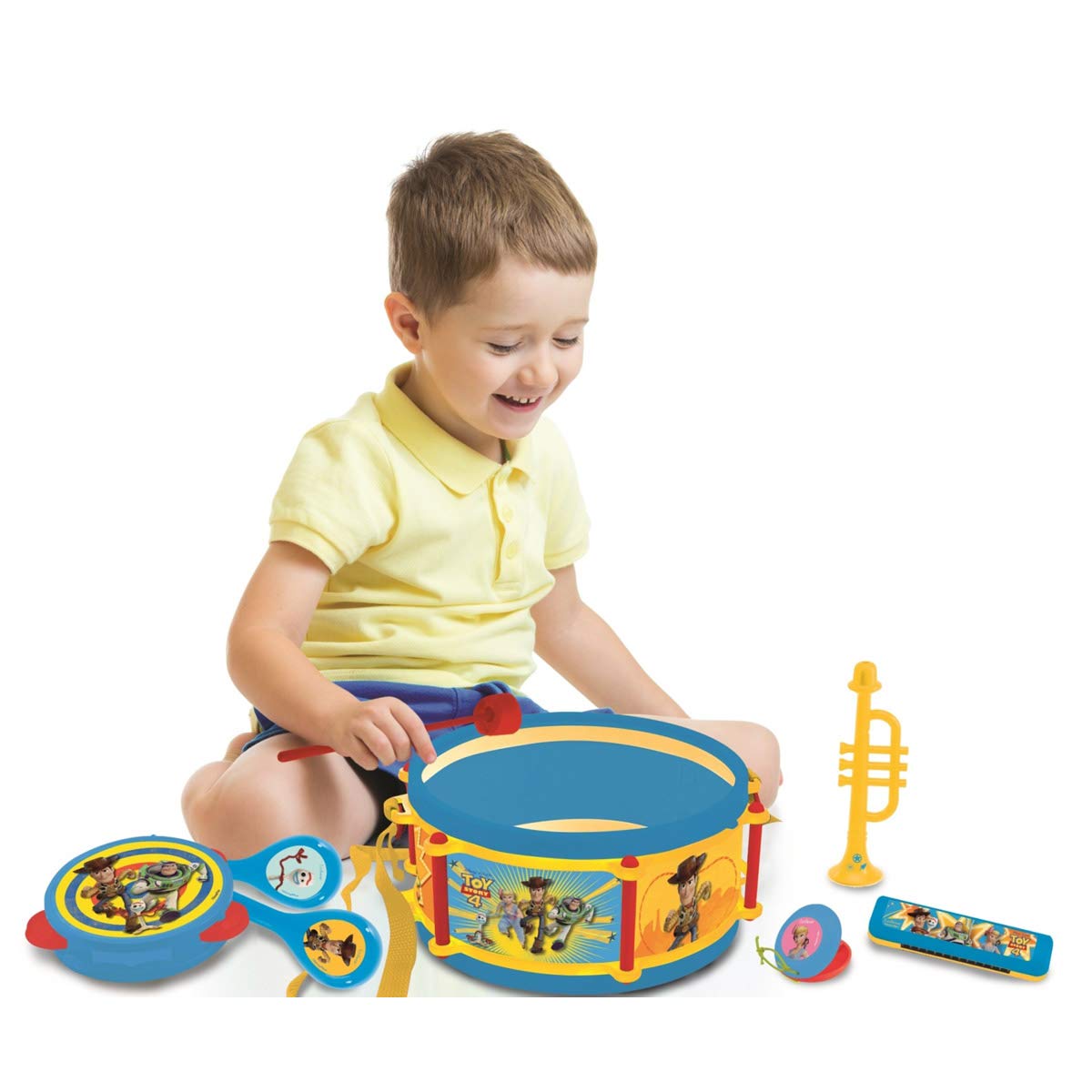 Lexibook K360TS Toy Story 4 Woody Buzz, zestaw 7 instrumentów muzycznych (bęben, marakasy, kastanet, harmonijka, rejestrator, trąbka, tamburyn), wygodna gra do przenoszenia, niebieski/żółty