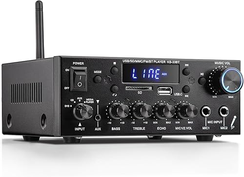 Facmogu KS-33BT Receptor amplificador de audio estéreo de 2.1 canales con salida de subwoofer activa, RMS 60Wx2 Max 400Wx2 Mini BT Amp Home Theater