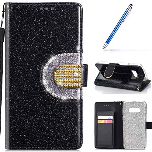 Robinsoni Case Compatible with Samsung Galaxy S10e Phone Case Wallet PU Leather Phone Cover Book Style Cover Kickstand Case Folio Flip Phone Cover Shockproof Heavy Duty Case Sparkle Bling Case Black