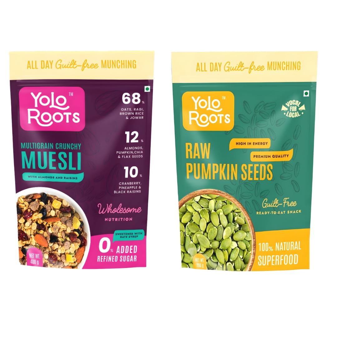 Yolo Roots Multigrain Crunchy Muesli 400g & Raw Pumpkin Seeds 200g Healthy Combo | High Fiber Breakfast Cereal & Protein Rich Seeds Snack (Pack of 2)