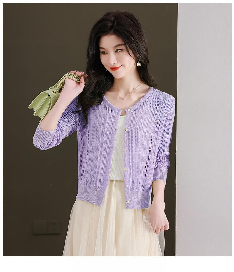 Cardigan Mujer, Cárdigan De Verano para Mujer, Cárdigan De Manga Larga, Blanco, Cuello Redondo, Botones, Crochet Hueco, Chaqueta De Punto Transparente, Abrigo De Primavera Informal, Cort