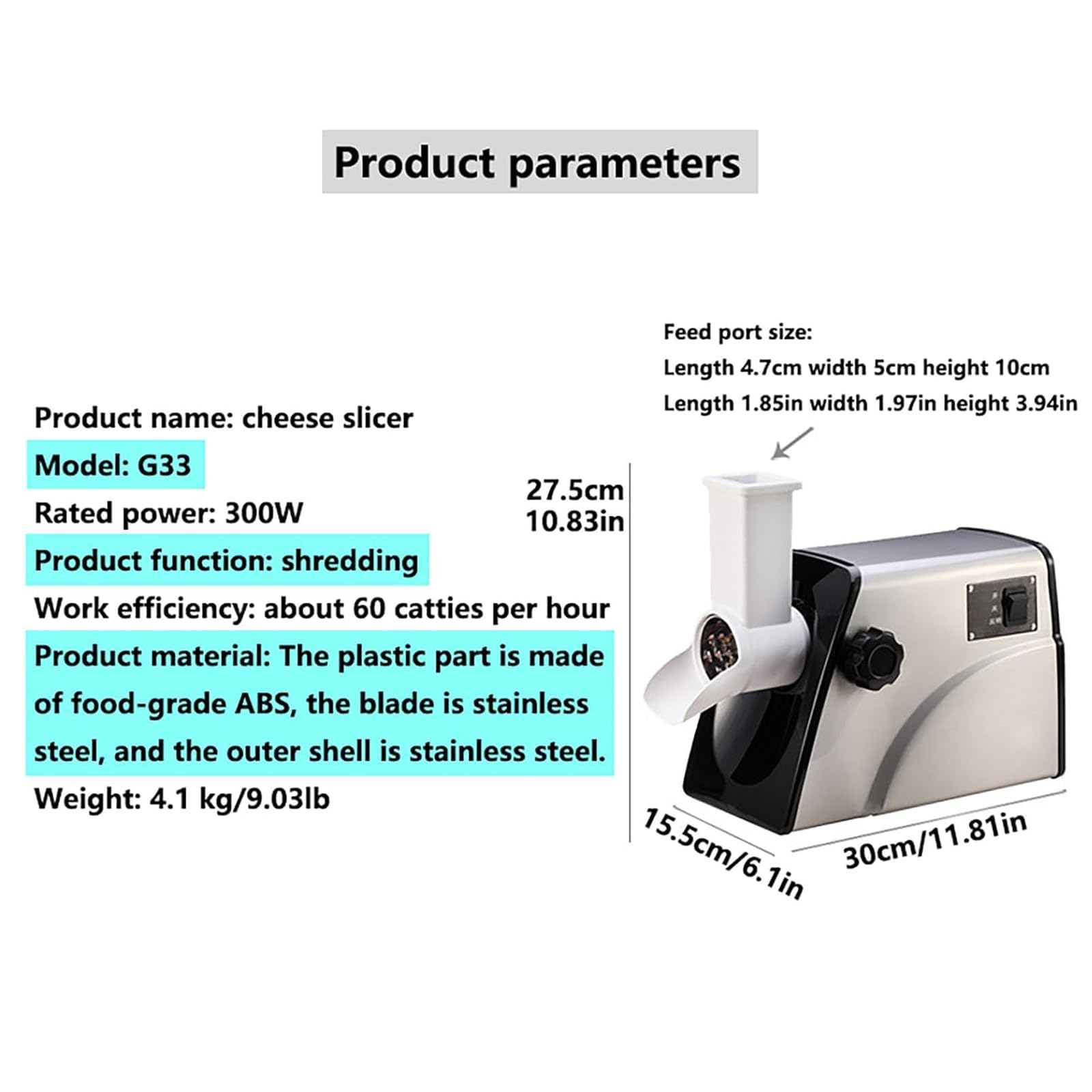 Grattugia elettrica per formaggio, 300 W, trituratore rotativo con 3 lame in acciaio inox, professionale per formaggio, patate, cipolle, aglio, cetrioli, carote, 30 kg/h