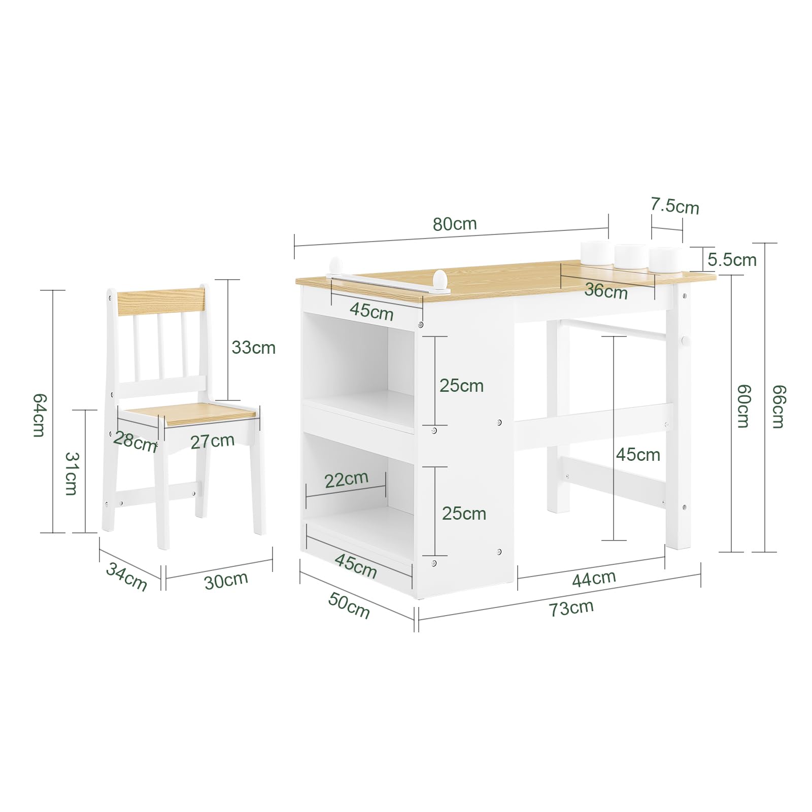 SoBuy Kindertisch mit 1 Stuhl, Kindersitzgruppe mit 1 Papierrollenhalter, Kinder Tisch Stuhl Set, Spieltisch und Maltisch für Kinderzimmer, Maltisch für Kinder, Weiß und Natur 80x66x50 cm KMB60-WN