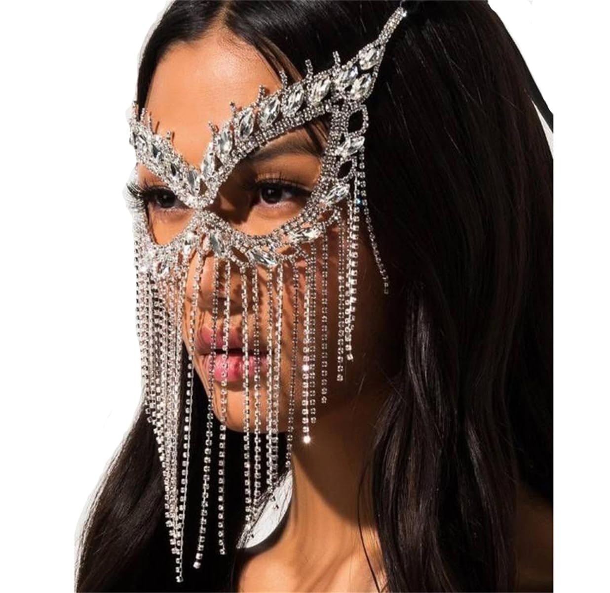 RVLAUGOAA Crystal Masquerade Mask Chain Masquerade Ball mask Rhinestone Tassels Face Masks Chain for Bar Party (Gold)