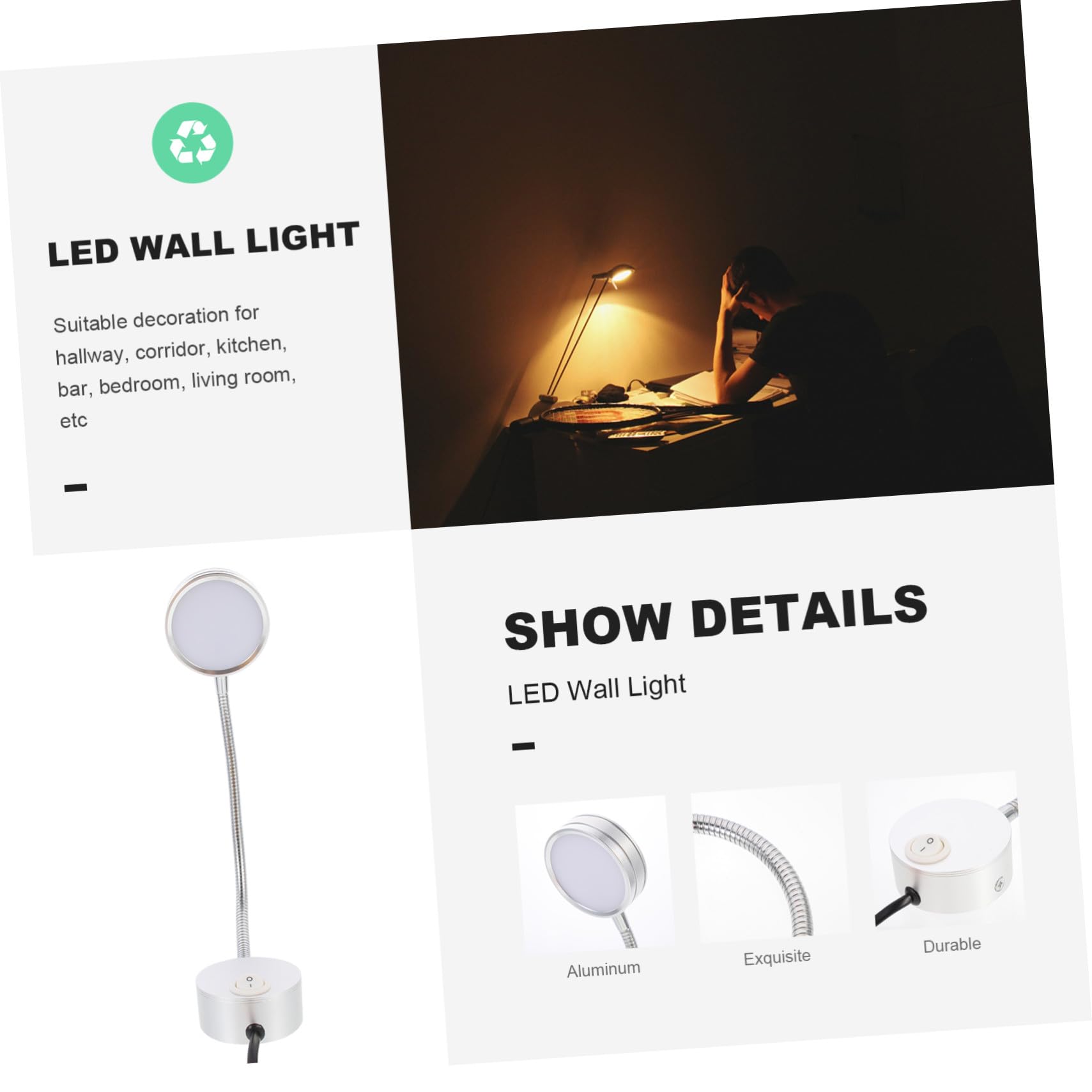 Lámpara de Lectura LED de Montaje en Pared para Cama | Aluminio Plata, Uso Sencillo, Estilo Simple y Elegante, para Cocina y Bar