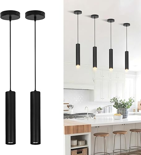 Miniatura 1 de Paquete de 2 luces colgantes modernas negras, lámpara colgante minimalista LED para isla de cocina, cable de luz colgante de tubo largo ajustable