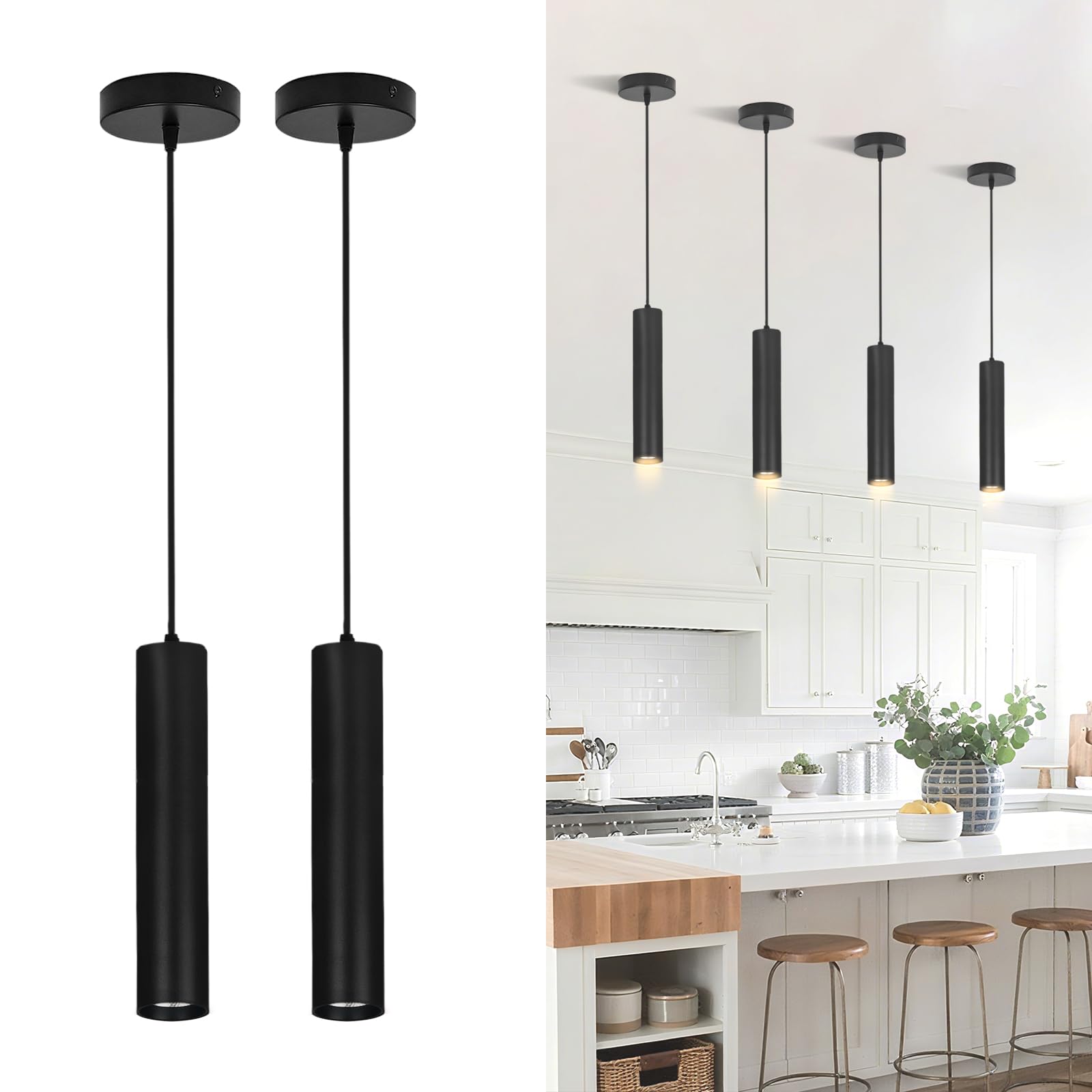 IBalody Modern Black Pendant Lights 2 Pack, LED Minimalist Pendant Lighting Fixture for Kitchen Island, Long Tube Hanging Light Cord Adjustable for Living Room Bedroom Dining Room Bar