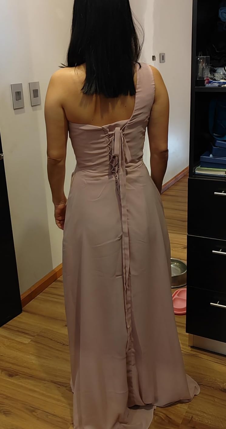 Vestido de dama de honor con un hombro descubierto, sin mangas, largo de gasa, formal, vestido de fiesta de boda