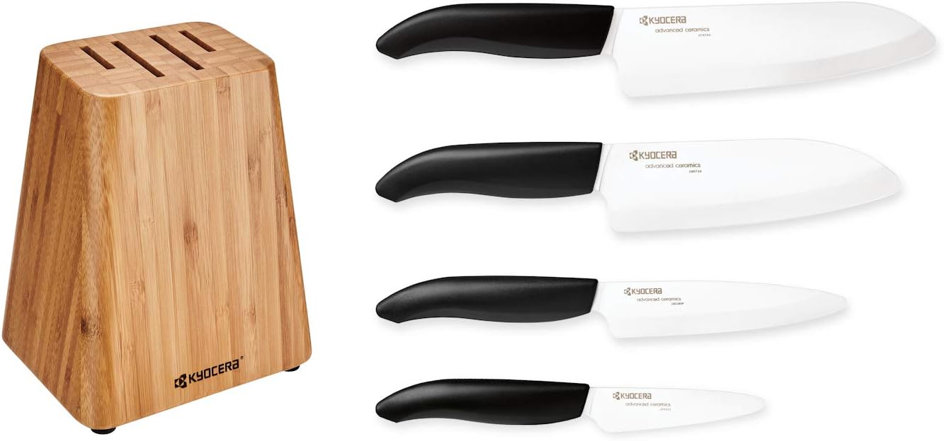 Kyocera Bamboo Knife Block Set Includes 4Slot Bamboo Block and 4 Kyocera Advanced Ceramic