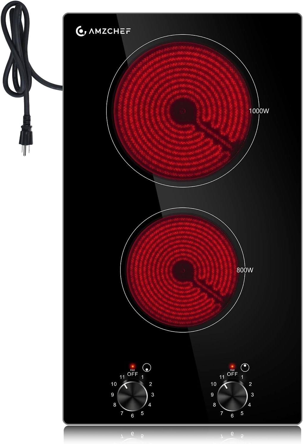 AMZCHEF 12Inch 2 Burner Electric Cooktop, 1800W/11Levels 2 Burners Stove Top With Knob Control Countertop & Built-in Radiant Electric Stove with Residual Heat Indicator