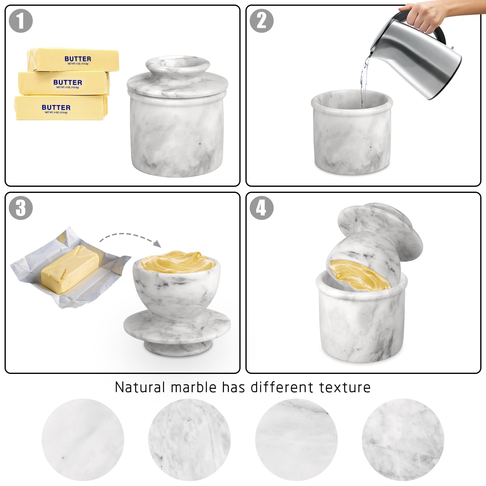 Pojemnik na masło z pokrywką, miękki pojemnik na masło do smarowania, marmurowy francuski pojemnik na masło do pozostawienia na blacie, naczynie na masło, dekoracja domu na blat (biało-szary, duży)