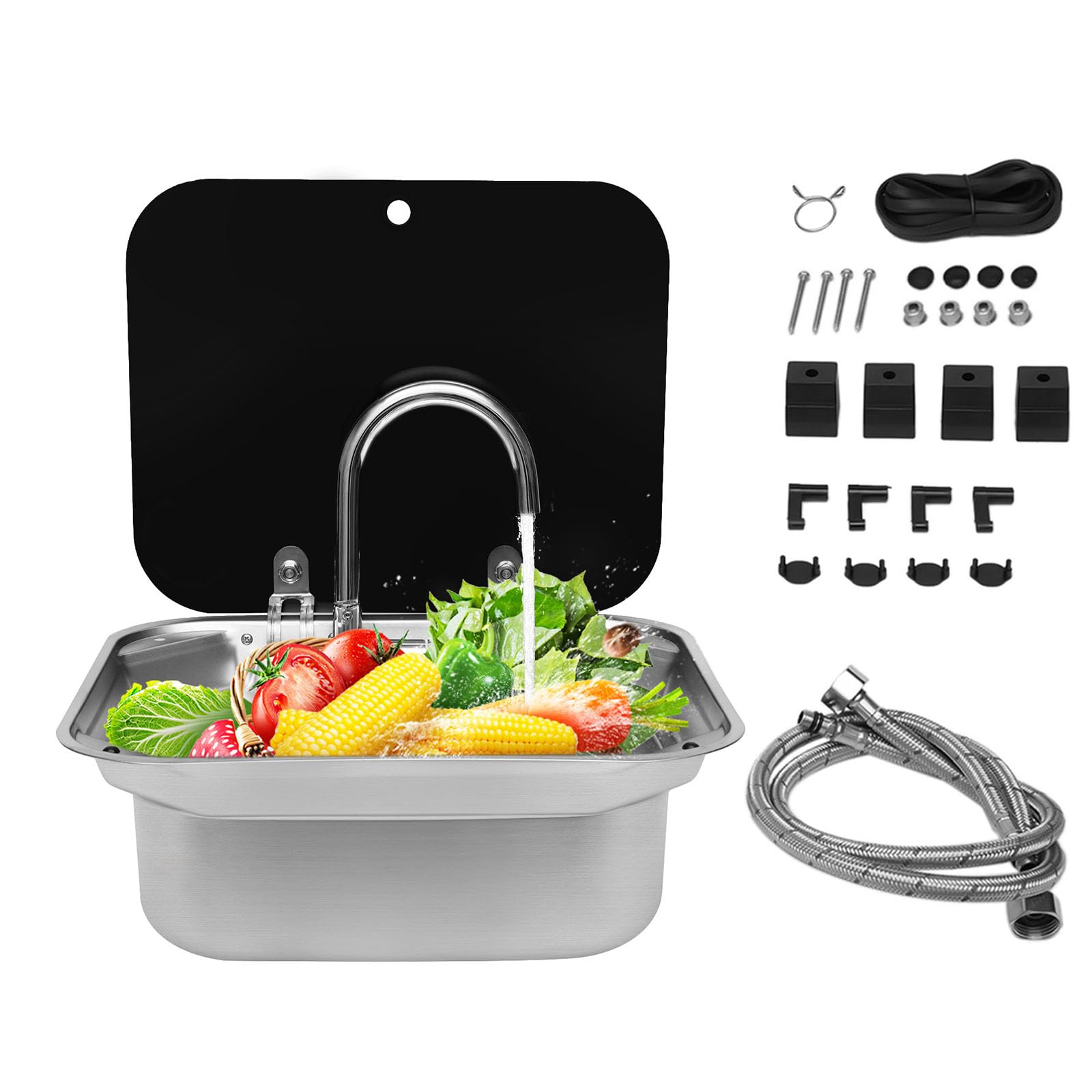 Wohnwagen Waschbecken, Camping Spüle Bausatz, Camping Waschbecken, 41x36,5x16cm Edelstahl-Spüle mit Glasdeckel, Aschbecken Camper für Wohnmobil/Caravan/Boot, (Silber/Schwarz)