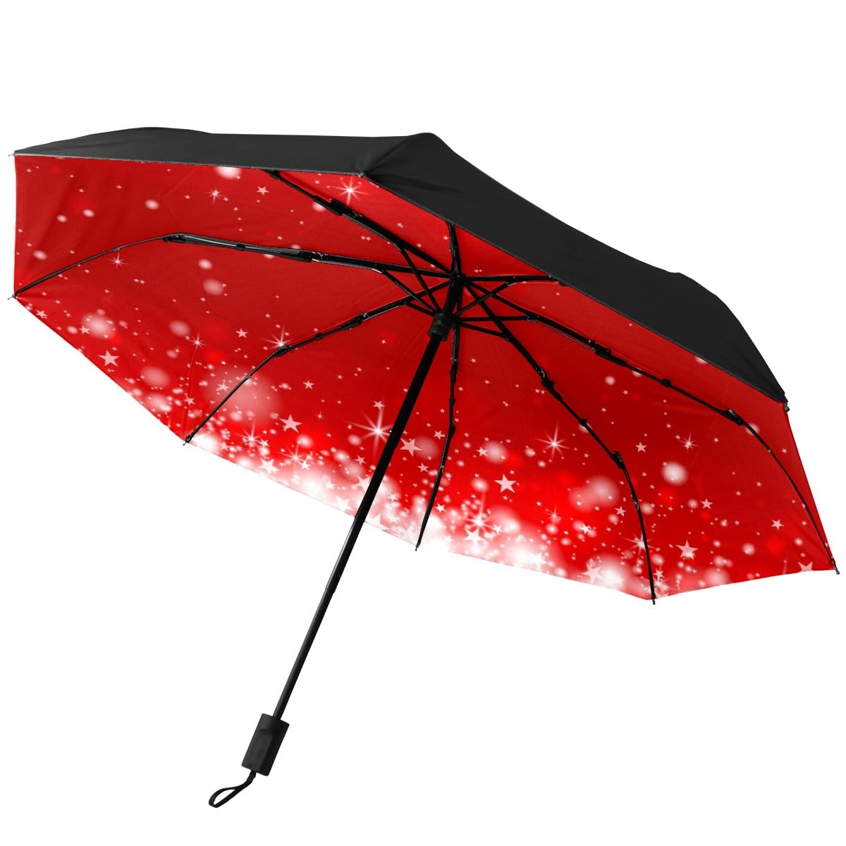 GISPOGAutomatic Folding Umbrella, Christmas Sparkling Red Waterproof Compact Sun and Rain Travel Umbrellas