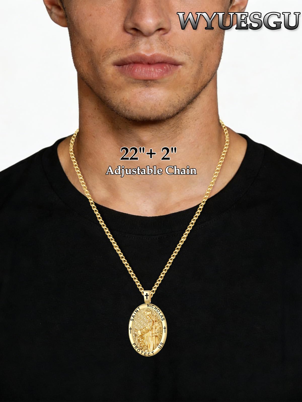 Medalla de oro de 14 quilates con colgante de San Patrono para hombre, collar católico religioso de cumpleaños para hombres con cadena Rolo de 2,5 mm de 22 pulgadas + 2 pulgadas
