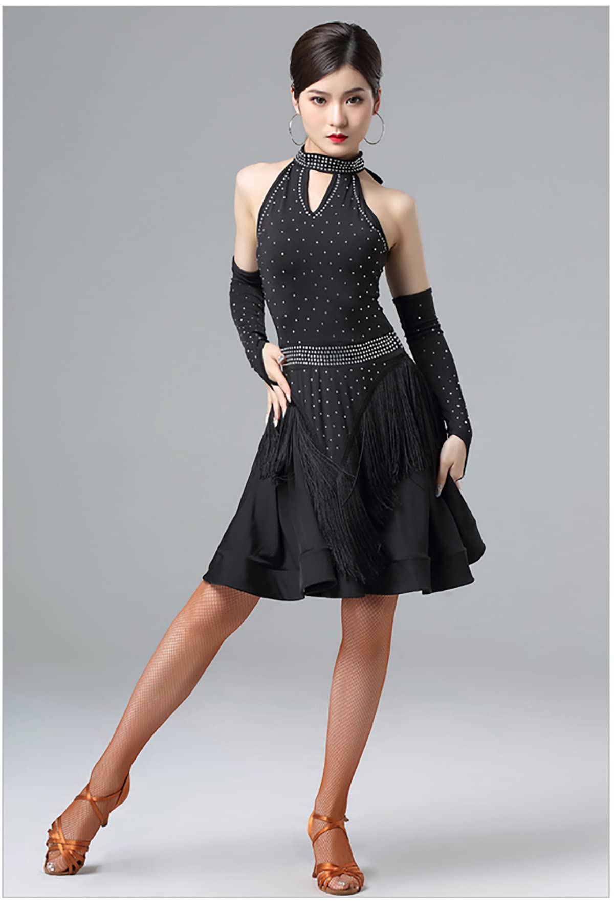 Abiti da Ballo Latino Senza Maniche A Collo Alto da Donna Abito da Concorso Latino Ballroom Salsa Samba Cha Cha Gonna Altalena Flamenco Dress Vestito di Performance