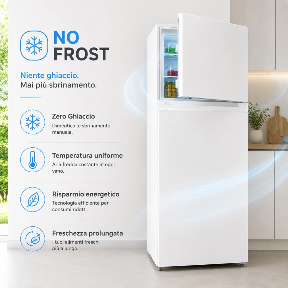 BAKAJI Frigorifero Bianco Capacità 413 Litri con Congelatore e Doppia Porta, Frigo Libera Installazione con Tecnologia No Frost e Multi Air Flow, Bassa Rumorosità, 70 x 67 x 172.3 cm (Bianco)