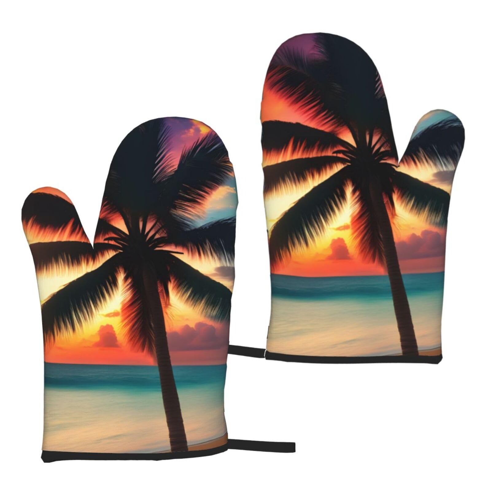 Nimongt Women's Black Tropical Beach Palm Tree Sunset Print Adults Universal Fit Heat Resistant Oven Gloves Reusable Cooking Outdoor Grilling
