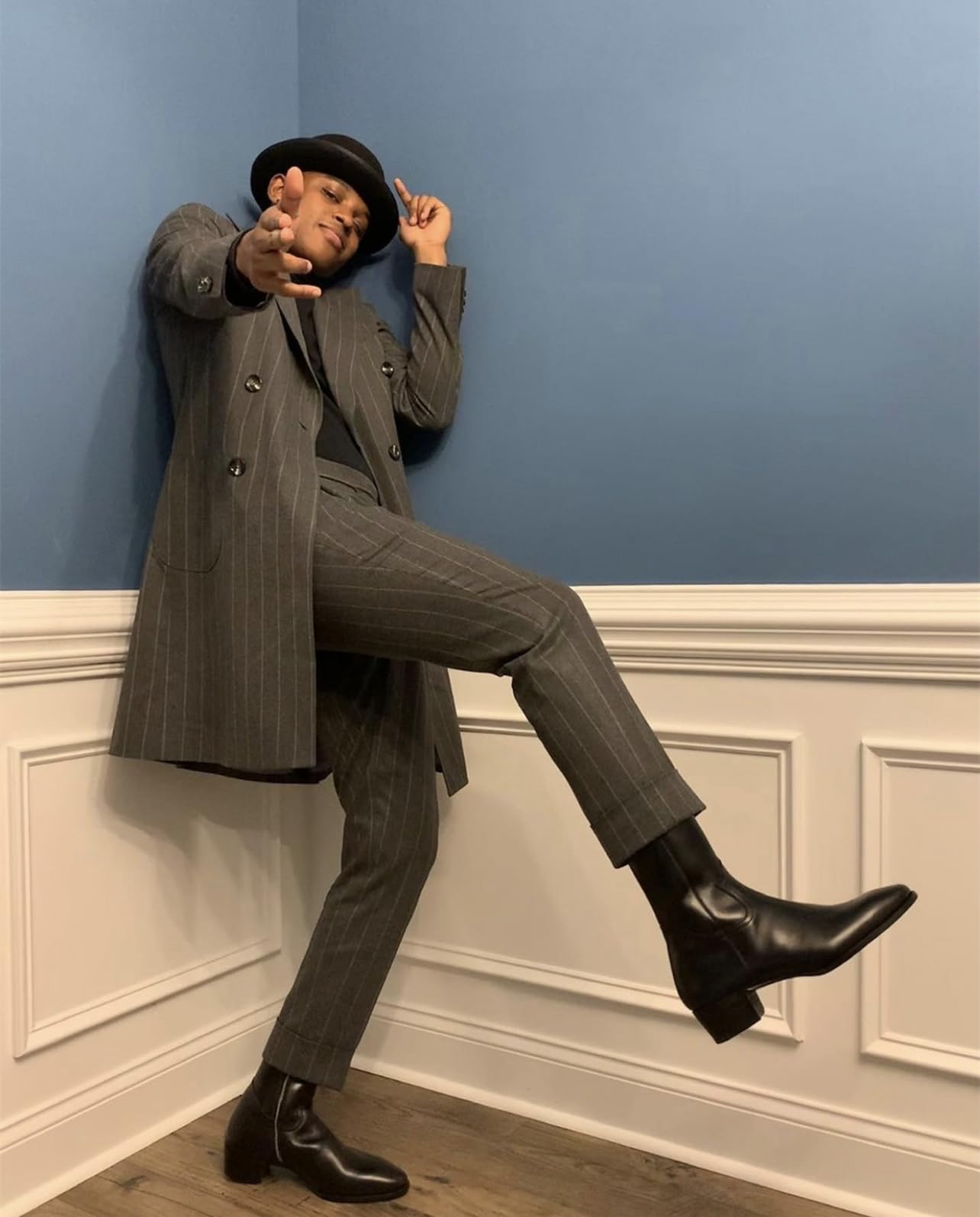 Hombre Traje a Rayas Esmoquin Largo de Doble Botonadura Chaqueta Pantalones Traje de Solapa de Pico de Fiesta de Graduación