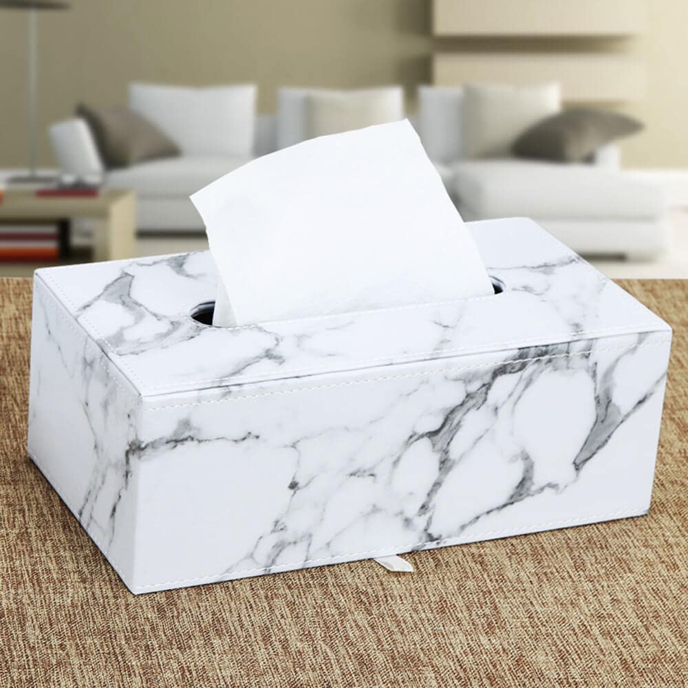 Leather Tissue Box Holder - Waterproof Rectangular Tissue Box Cover Vintage Napkin Paper Holder for Home,Office&Car Decor (White Marble)
