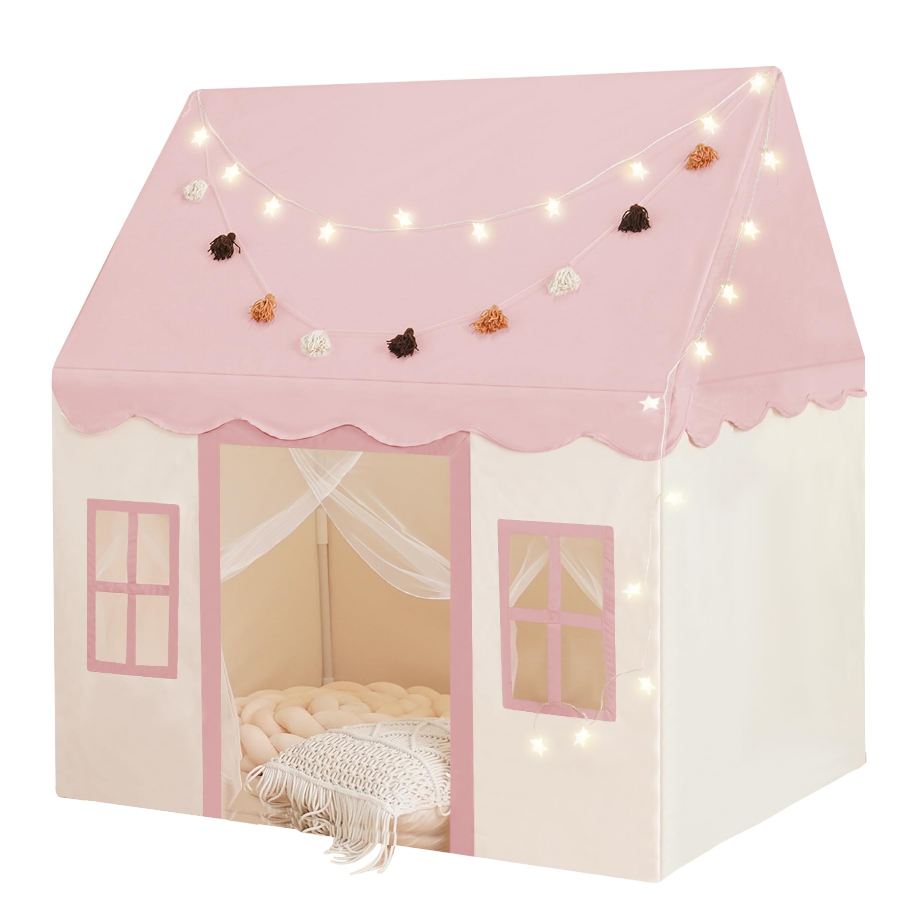 Large Kids Tent with Mat, Star Lights, Tissue Garland, Play Tent Indoor & Outdoor, Kids Play Tent for Girl & Boy Aged 3+, Kids Tent for Toddler, 52" x35" x 52" Play House with Windows, Washable, Pink