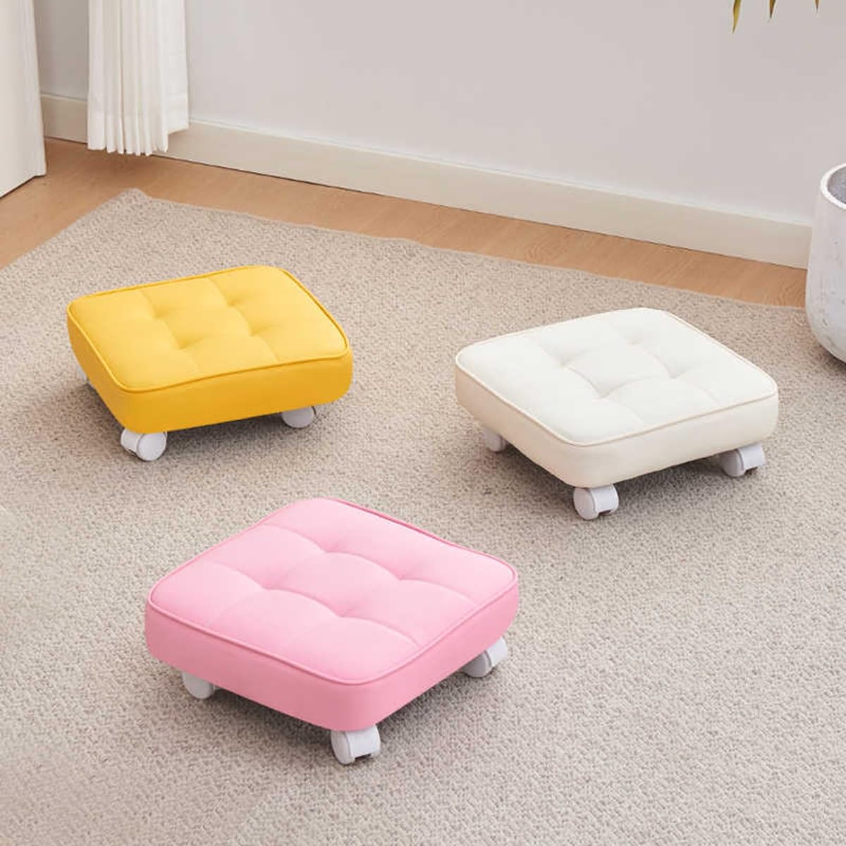 Sgabello quadrato con ruote, sedile imbottito girevole a 360 gradi, poggiapiedi girevole in pelle per ingresso domestico e yoga