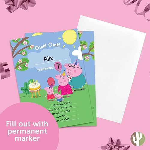 Miniatura 5 de Desert Cactus Peppa Pig - Tarjetas de invitaciones de feliz cumpleaños con sobres, 10 unidades con sobres, para fiestas de niños y niñas (estilo A)