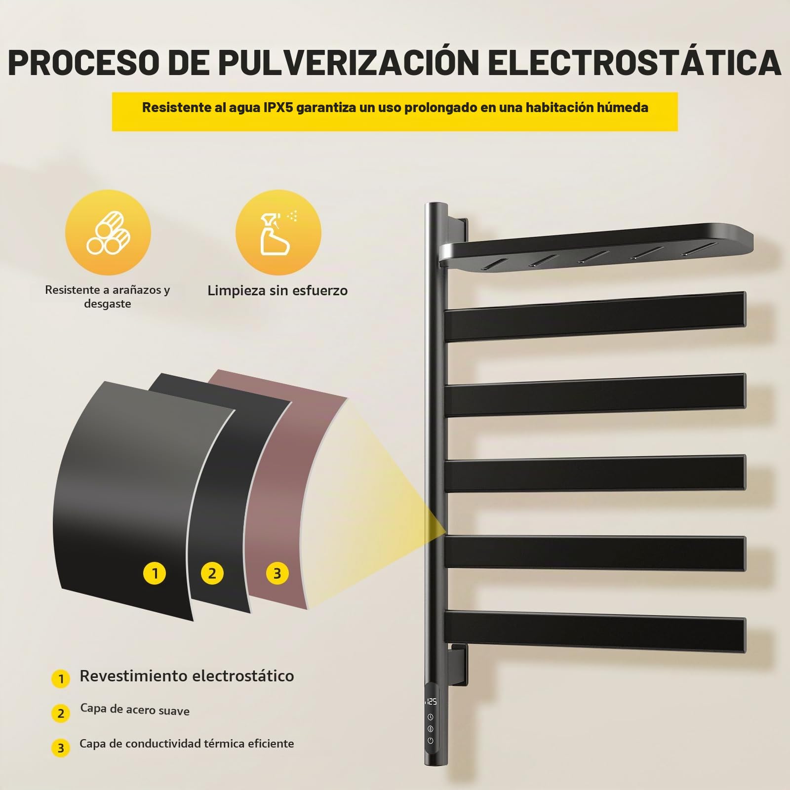 Toallero Electrico Baño Giratorio, Radiador Toallero Electrico Pared Acero Inoxidable 5 Barras,Calentador De Secador Toallas con Estante Y Termostato,150w 1-24H,Plug In & Hardwired,Negro